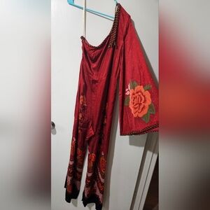 Farm Rio Size M Satin Jumpsuit with One Sleeve and Gorgeous Floral Print!